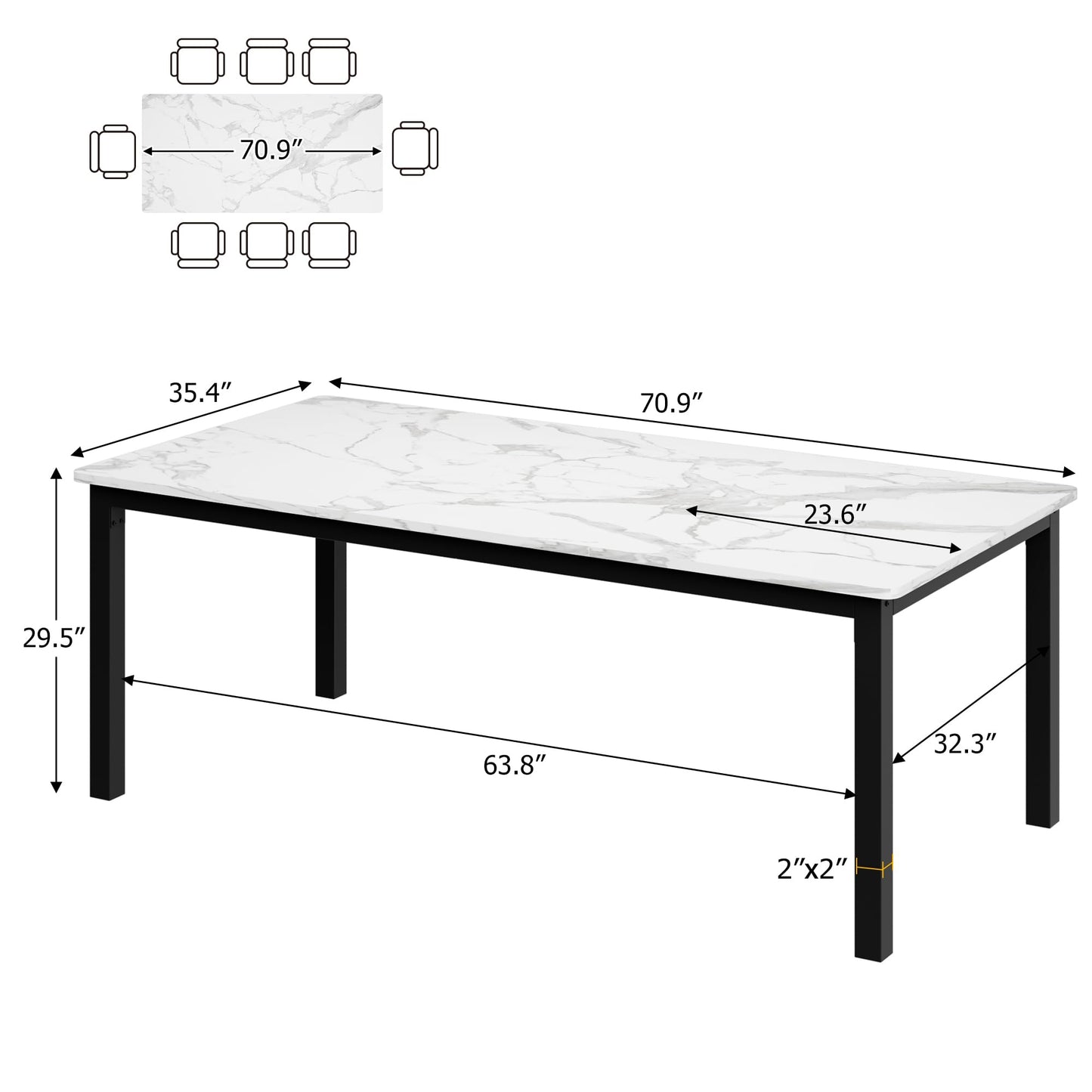 GarveeHome 70.8 in Industrial Dining Table for 6, Wooden Long Dinner Table with Mortise Tenon Design, Kitchen Table with Sturdy Metal Legs, for Dining Room Home Office Living Room, White