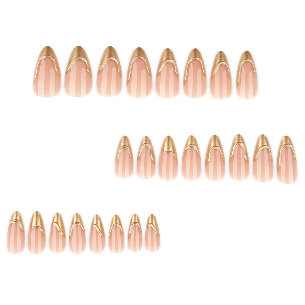 RUOKEXIN Almond Press on Nails French Tip Fake Nails Gold False Nails with 3D Designs Medium Length Nail Press ons Sparkly Artificial Nails for Women 24Pcs