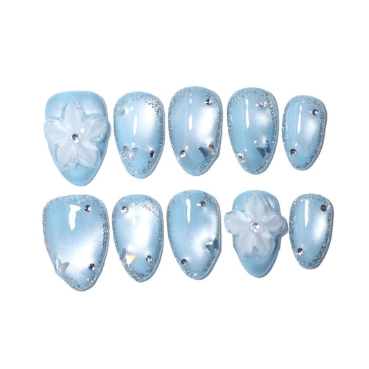 10 Pcs Short Almond Handmade Press On Nails | Sky Blue Cat Eye with 3D Floral & Rhinestone Accents | Reusable, Easy to Apply & Remove, Salon-Quality Manicure (RR16, M)
