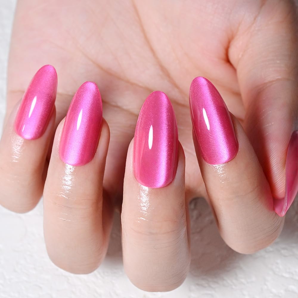 evpct Hot Pink Cat Eye Almond Medium Press on Nails for Women, Rose Red Medium Almond No Glue Stick on Nails with Cat Eye Design, Holographic Glossy Soft Nail, Reusable Press on Acrylic Fake Nail