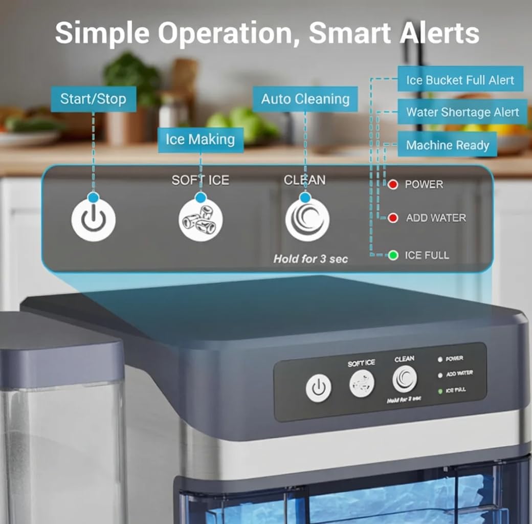 MOMOKOVA Nugget Ice Maker Countertop for Chewable Ice, 41lbs/24H Portable Pellet Ice Machine with One-Click Operation Self-Cleaning for Home, Kitchen, Bar, Office, Party (Silver)
