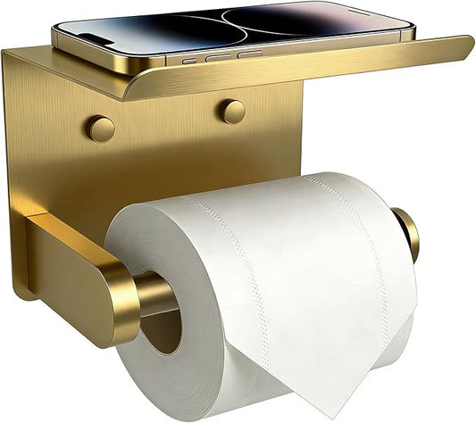 SetSail Toilet Paper Holder with Shelf Adhesive or Screw-in Bathroom Toilet Paper Roll Holders Wall Mount Gold Tissue Holder for Bathroom Hardware Accessories