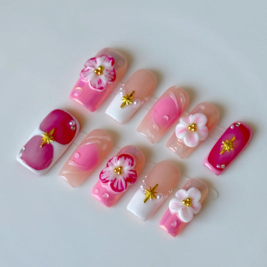 Haozerart Handmade Acrylic Press on Nails, Medium Square French Tip Fake Nails, Glossy Pink with 3D Floral & Pearl Design, Salon Quality Reusable Nails, 10Pcs (M Size)