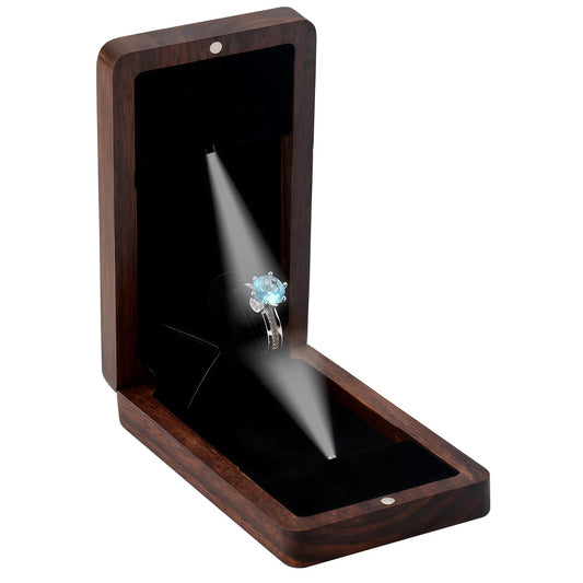 Yookin Wooden Engagement Ring Box For Proposal Valentine's Day Jewelry Gift Box Wood Rotating Wedding Day Ring Box With Led Light Gift Packaging(Black Walnut)