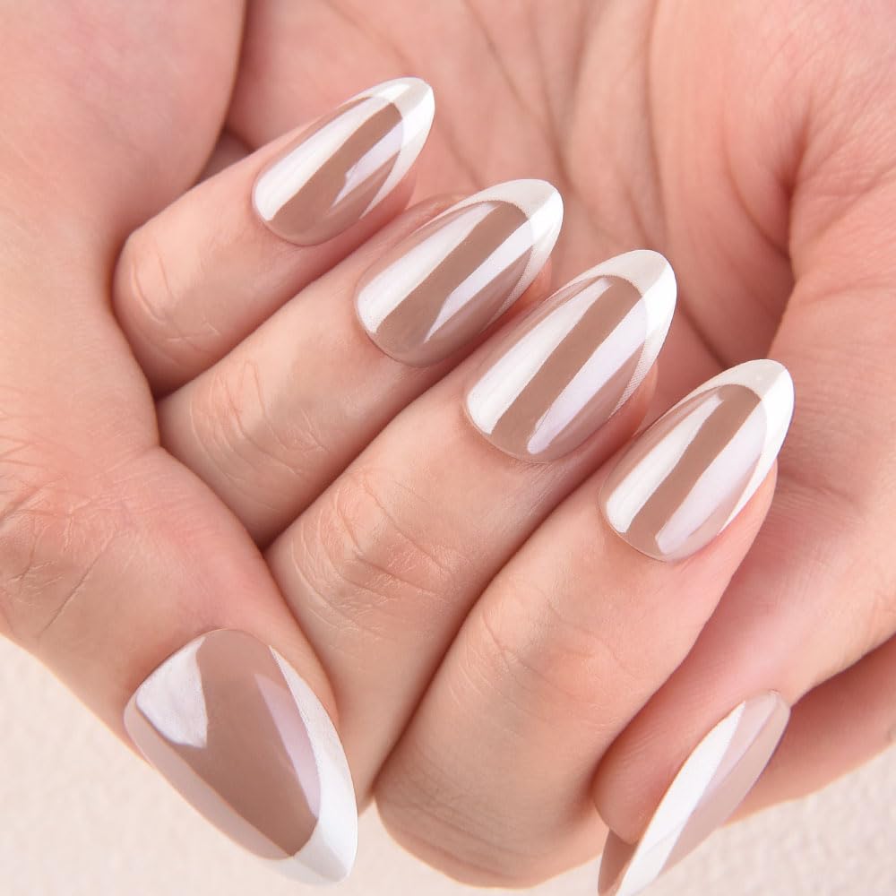 evpct French Tip Press On Nails Short Almond, Nude Brown + Wihte Tips, Chrome Glazed Glossy Short Almond Fake False Press on Nails, Reusable Gel Stick on nail Press ons Nail Kit, Salon Quality
