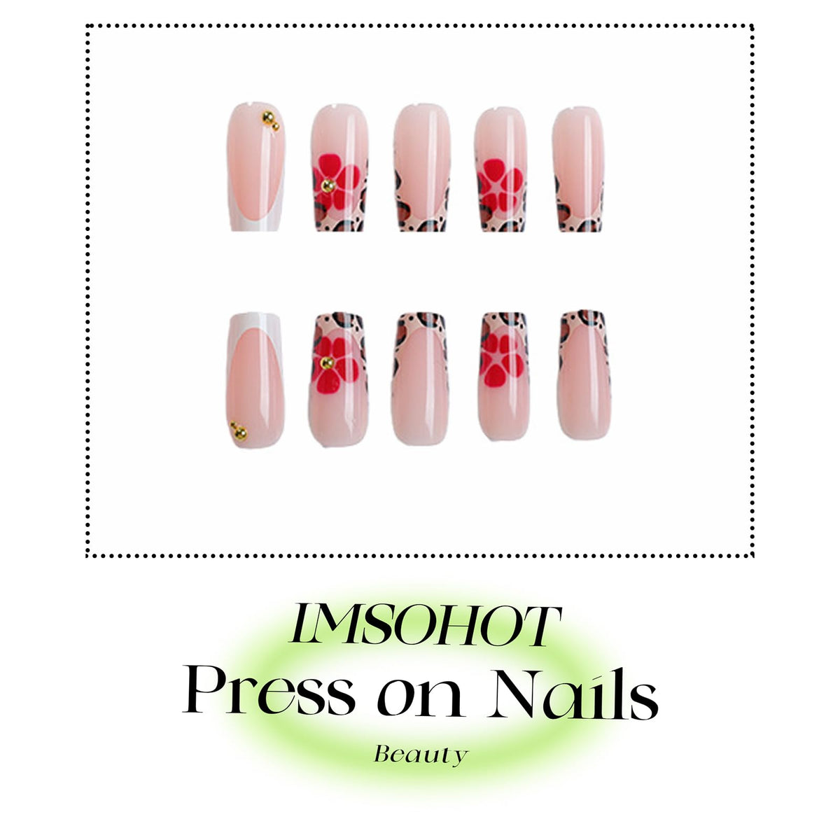 IMSOHOT Press on Nails Long Square Fake Nails - Leopard Print French Tips, Red Flower, Glossy Acrylic False Nails Glue Stick on Nails for Women Girls DIY Manicure Supplies