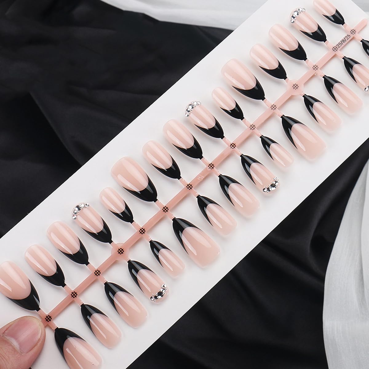 Black French Tip Press on Nails Medium Almond Nails Press ons with 3D Rhinestone Designs Nude Fake Nails Reusable Glue on Nails for Women, Elegant Classic Manicure, 24Pcs