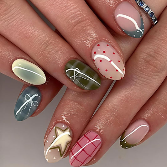 Star Polka Dot Press on Nails Short - Oval Fake Nails French Tip Bow False Nails with Plaid Designs Glossy Full Cover Glue on Nails Polka Dot Tip Nails Press ons for Women 24Pcs