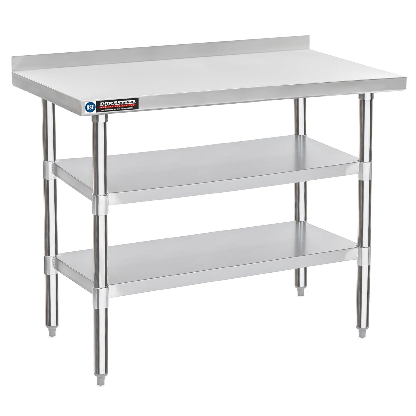 DuraSteel NSF Commercial Kitchen Table - 24 x 48 Inch Cooking Prep Stainless Steel Kitchen Island Workstation w/Adjustable Under Shelf - Heavy Metal Backsplash Workbench for Restaurant, Home, Garage