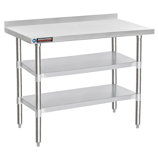 DuraSteel NSF Commercial Kitchen Table - 24 x 48 Inch Cooking Prep Stainless Steel Kitchen Island Workstation w/Adjustable Under Shelf - Heavy Metal Backsplash Workbench for Restaurant, Home, Garage