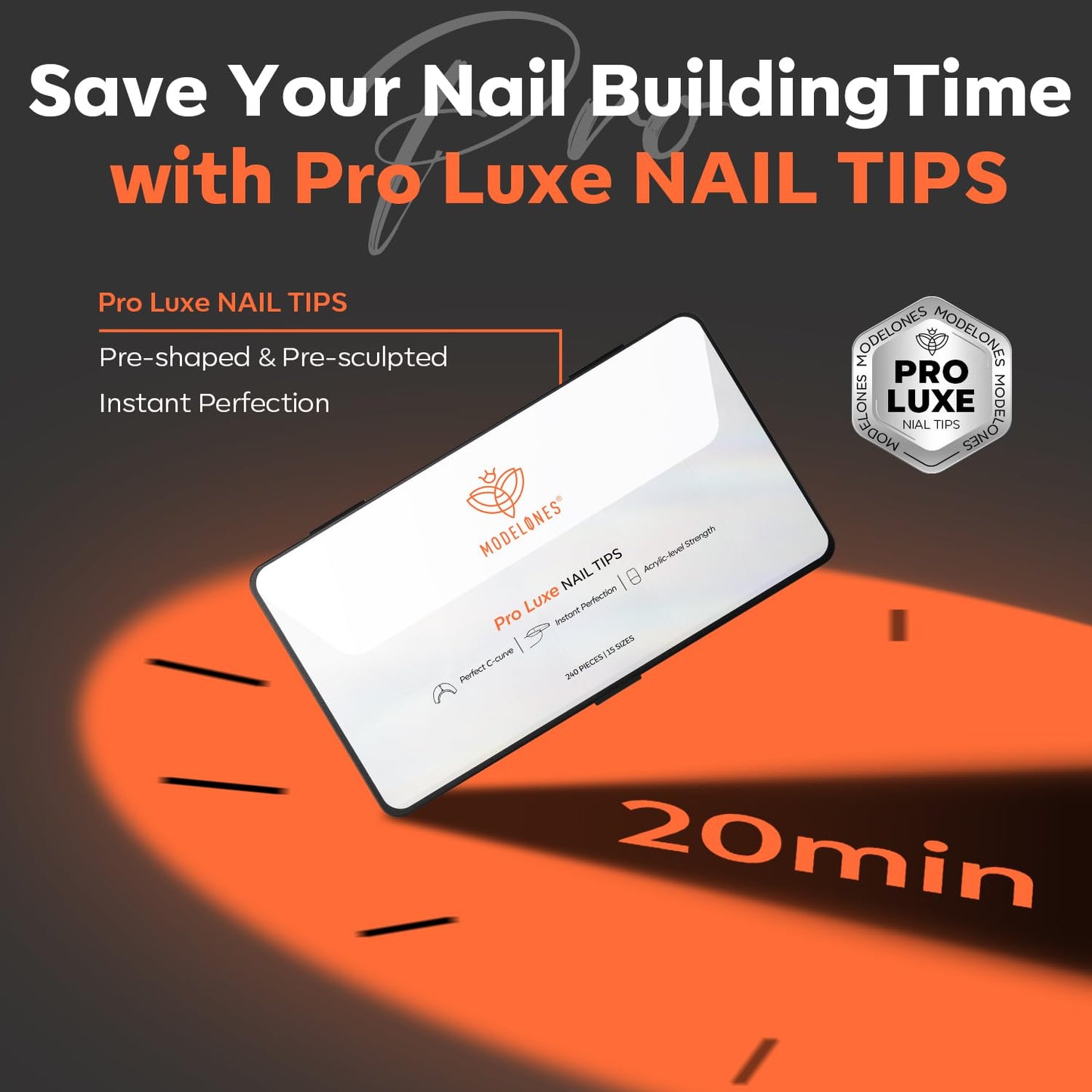 modelones Pro Luxe Instant Nail Apex Tips, Medium Square Extension Gel Tips Pre-building & Pre-etched Thicker Strength Acrylic Fake Nails Full Cover 15 Sizes
