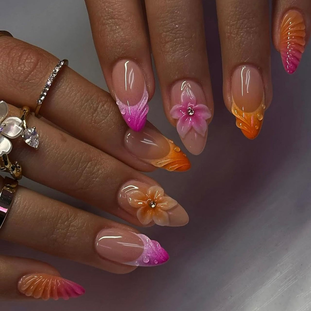 Almond Press on Nails Medium Length 3D Summer Fake Nails with Designs French Tip Nails press ons Embossed Pink Orange Flower False Nail French Manicure Glossy Full Cover Stick on Nails for Women 24PCS
