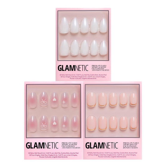 Glamnetic Press-On Nails Bundle - Lovers Knot, Goal Digger & Hailey | Almond Nude Fake Nails with Bow Accents | Natural Round False Nails with Gold Foil | Glazed Short Almond False Nails