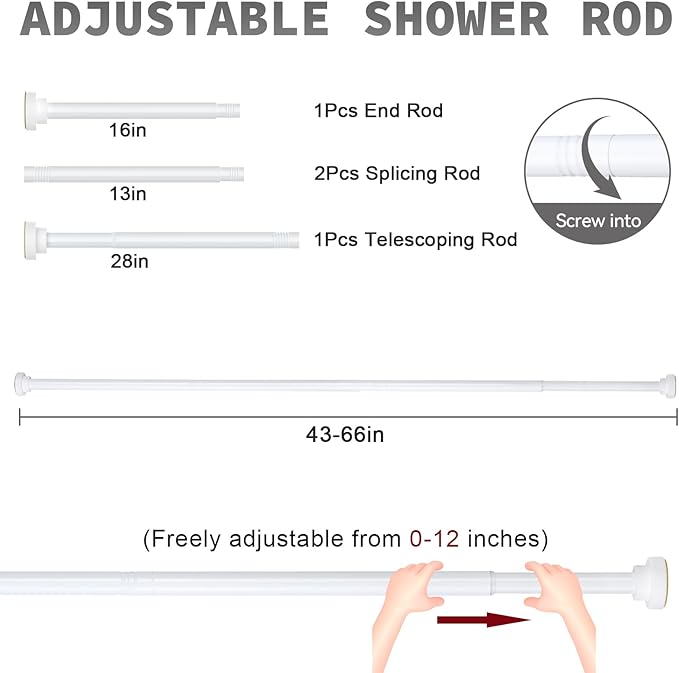 Thestoa Shower Curtain Rod Adjustable 43-66 inch, 1"Diameter Spring Tension Curtain Rod No Drill, Anti-Rust Non-Slip Shower Rod, White Shower Curtain Rod for Bathroom Tension