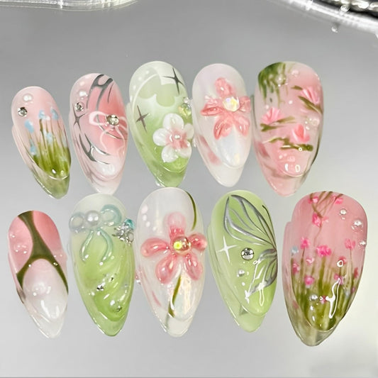 WBRRFJJ 30Pcs 3D Flower Press-on Nails Medium Almond Acrylic False Nails with Bow Pearl Rhinestones Designs Glossy Finish Full Cover Artificial Glue on Nails Spring Summer Stick on Nails for Women DIY