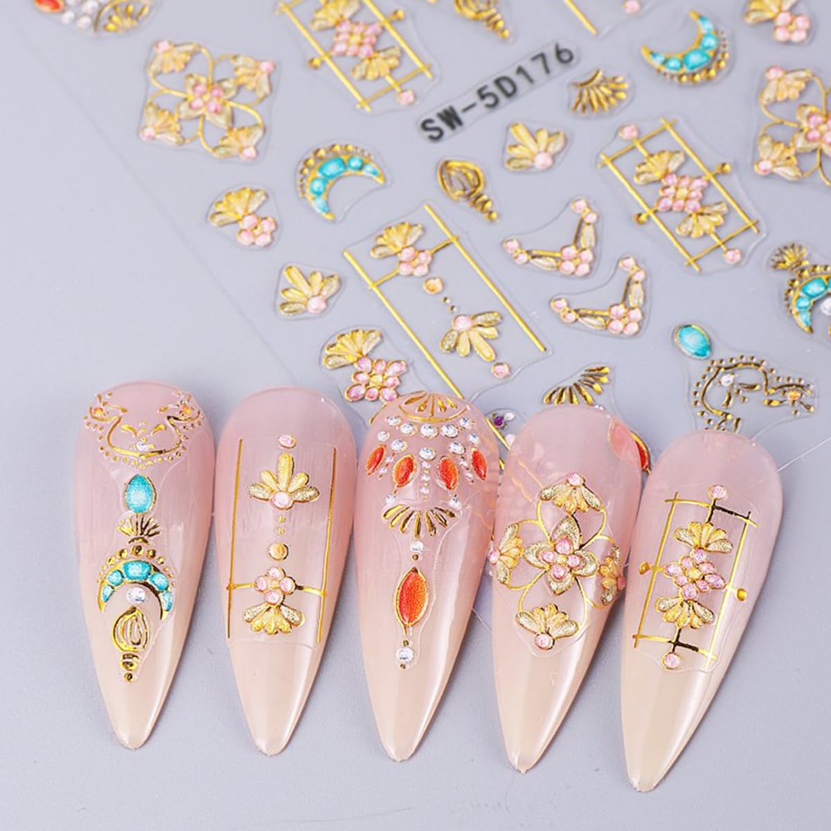5D Embossed Star Sun Nail Art Stickers Flower Nail Decals Self-Adhesive Bohemian Style Nail Stickers Nail Designs Decoration for Women Girls Nail Art Supplies 2 Sheets
