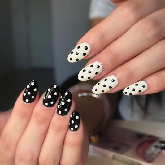 Handmade Almond Press on Nails Medium Fake Nails black and white Tip False Nails with Reusable Full Cover Stick on Nails for Women 10Pcs (MT-126-S)