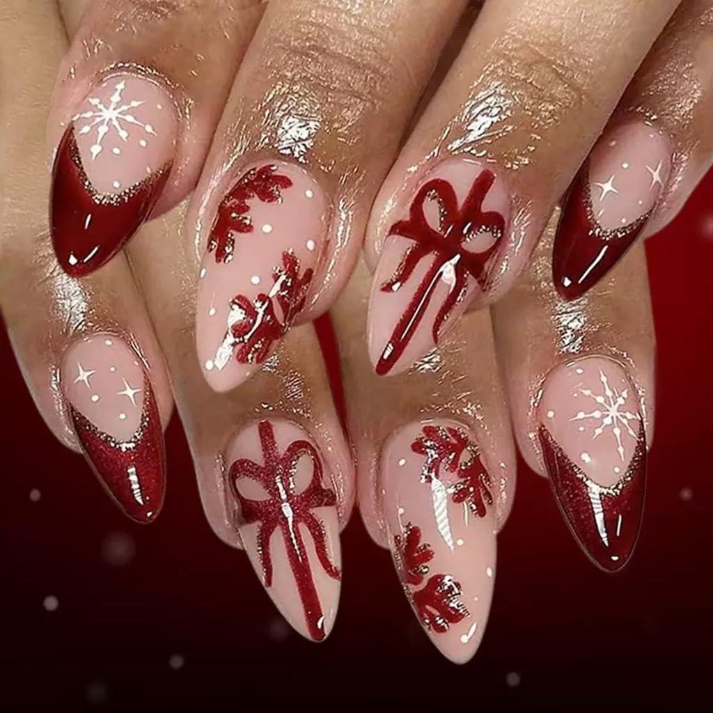 6 Packs (144 Pcs) Christmas Press on Nails Almond, Short Square Press on Nails, with Christmas Tree Snowflake Design Red Green Fake Nails for Women - 12 Sizes, 6 Styles