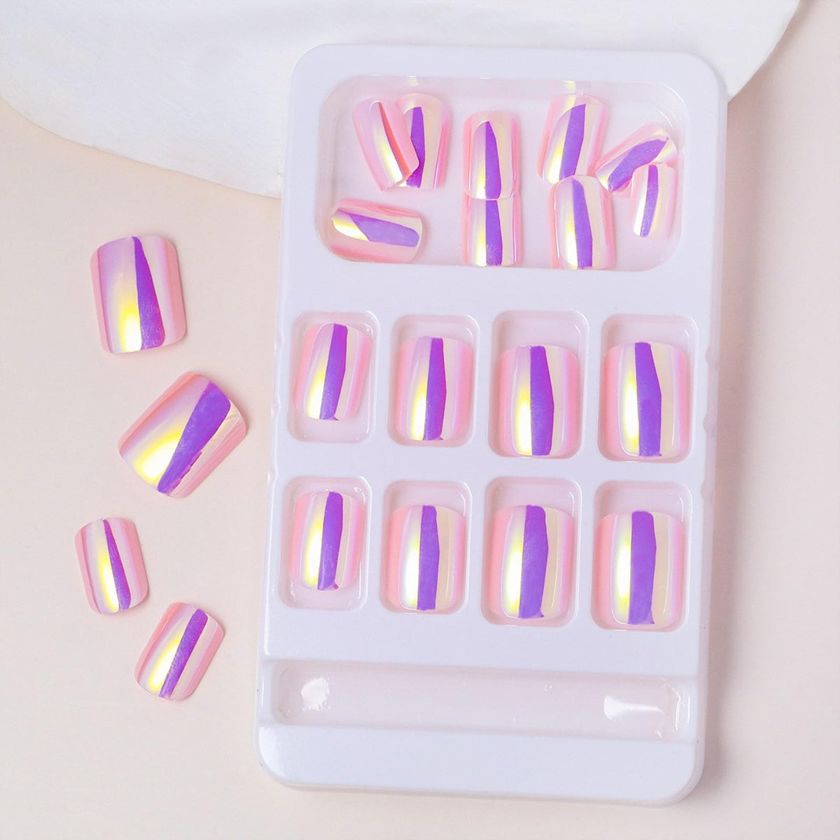 IMSOHOT Pink Laser Press on Nails Short Square Fake Nails Glossy Aurora Full Cover Cute Squoval Acrylic False Nails Chrome Suqoval Stick on Nails for Women Girls 24Pcs