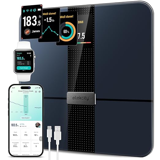 Etekcity FSA&HSA Eligible Smart Scale for Body Weight Fat, Digital Weighing Machine for Accurate BMI Muscle Mass Composition, Apple Health Compatible Fitness Equipment,TFT,âTempered Glass,Black