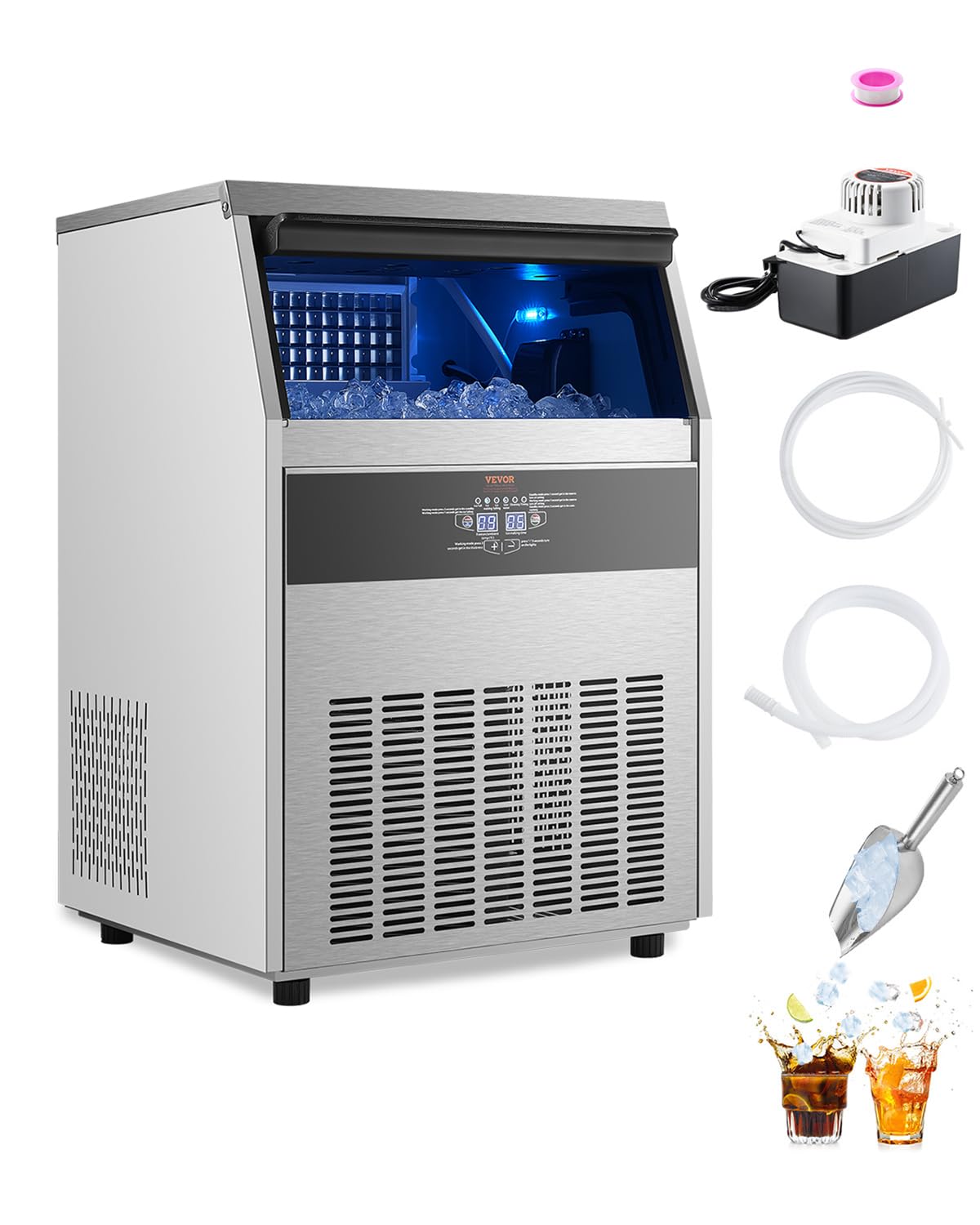 VEVOR 160lbs/24H Commercial Ice Maker Machine with Drain Pump, 66lbs Storage Capacity Ice Maker, 80 Ice Cubes in 15 Minutes, LED Digital Display Freestanding Self-Cleaning for Bar Office Restaurant