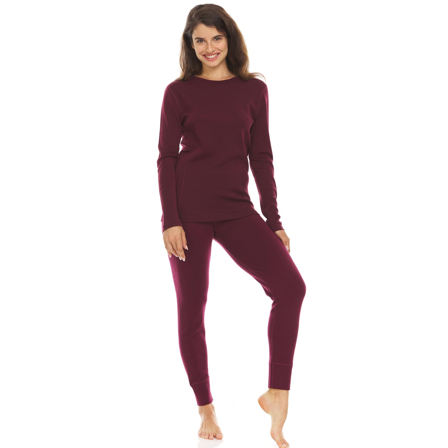 100% Merino Wool - Women's Midweight Top and Bottom - Thermal Base Layer Set - Burgundy - X-Large