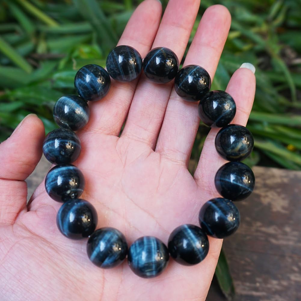 TaHLga Blue Tigers Eye Mens Bracelet 16MM | Fits for About 8" XLarge Wrist | Natural Solar Plexus Chakra Gemstones | Bring Luck Wealth Courage | Protection from Evil | Gift