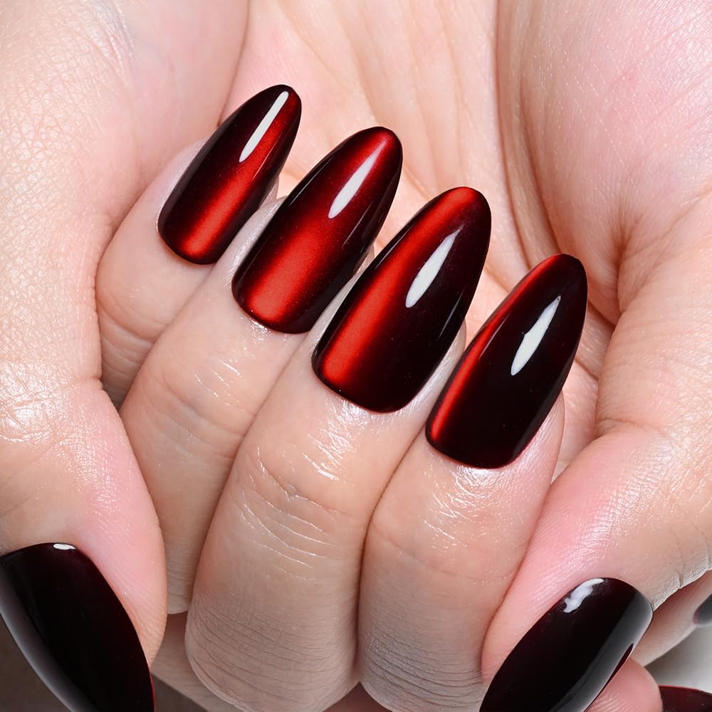 evpct Oxblood Red Cat Eye Chrome Press on Nails Almond Medium No Glue, Holographic Medium Almond Stick on Fake Nails for Women Gift, Glossy Cat Eye Effect, Perfectly Fit Salon-quality Soft False Nail