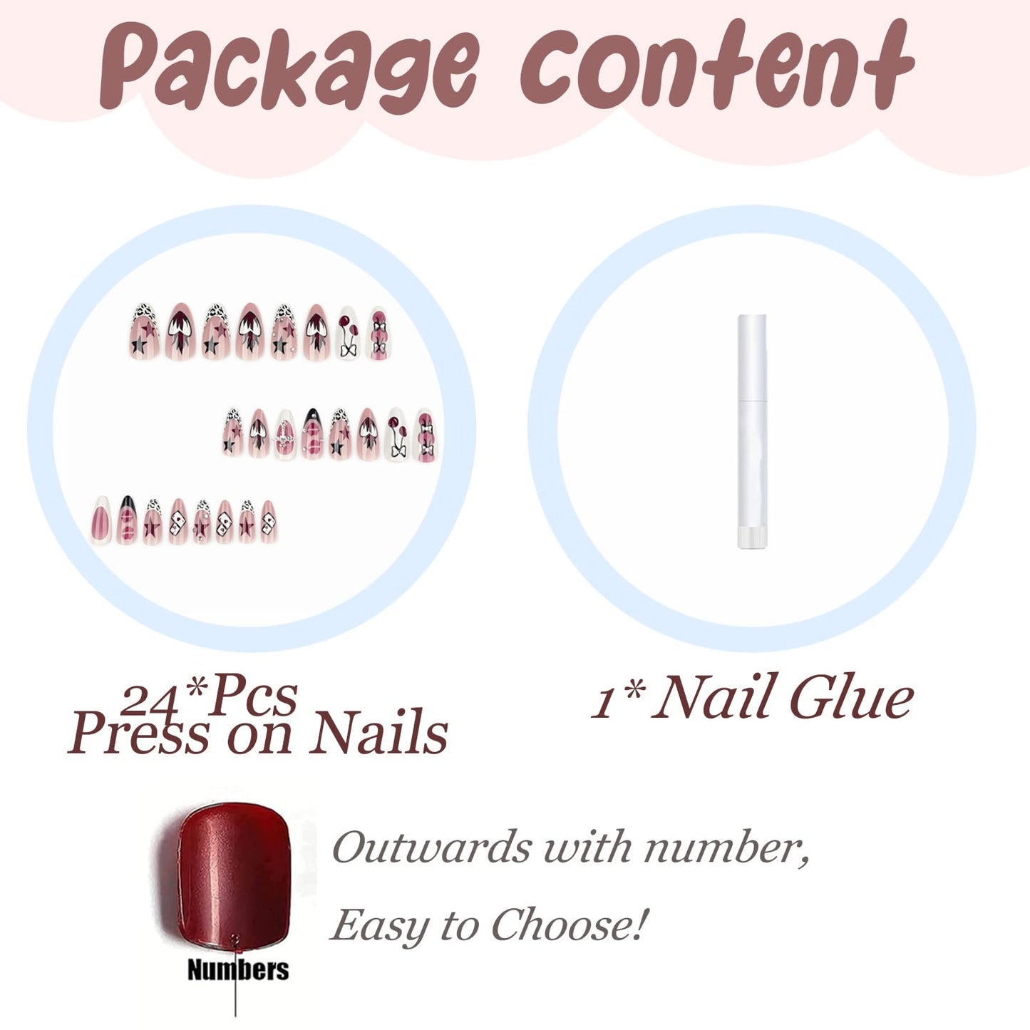 BABALAL Medium Almond Press on Nails, Gothic Acrylic Nails with Cross Charm, Heart, Bow and Lips Designs, 24Pcs Glossy Full Cover False Nails Set for Women and Girls