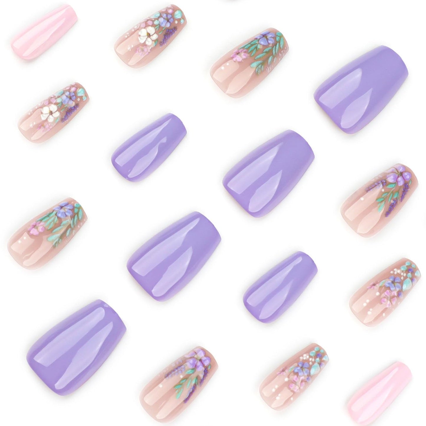 3D Flowers Press on Nails Short Coffin Fake Nails - Purple & Pink Full Cover Acrylic Nails Glossy Full Cover Nails Press ons Summer Stick on Nails for Women 24 Pcs