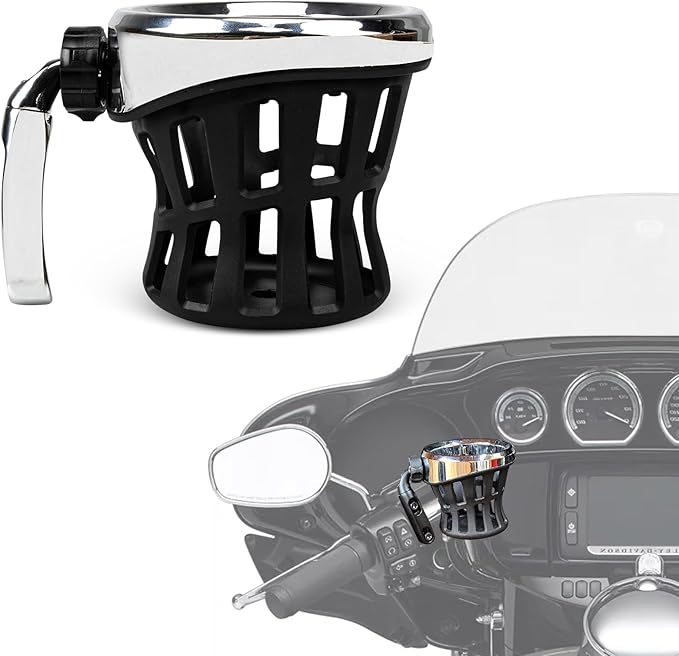 PSLER Motorcycle Drink Cup Holder Handlebar Mount Universal for Dyna Fat Bob Touring Road Glide Street Electra Glide Softail 1996-up Goldwing GL1800 2018-up (Chrome, 85mm)