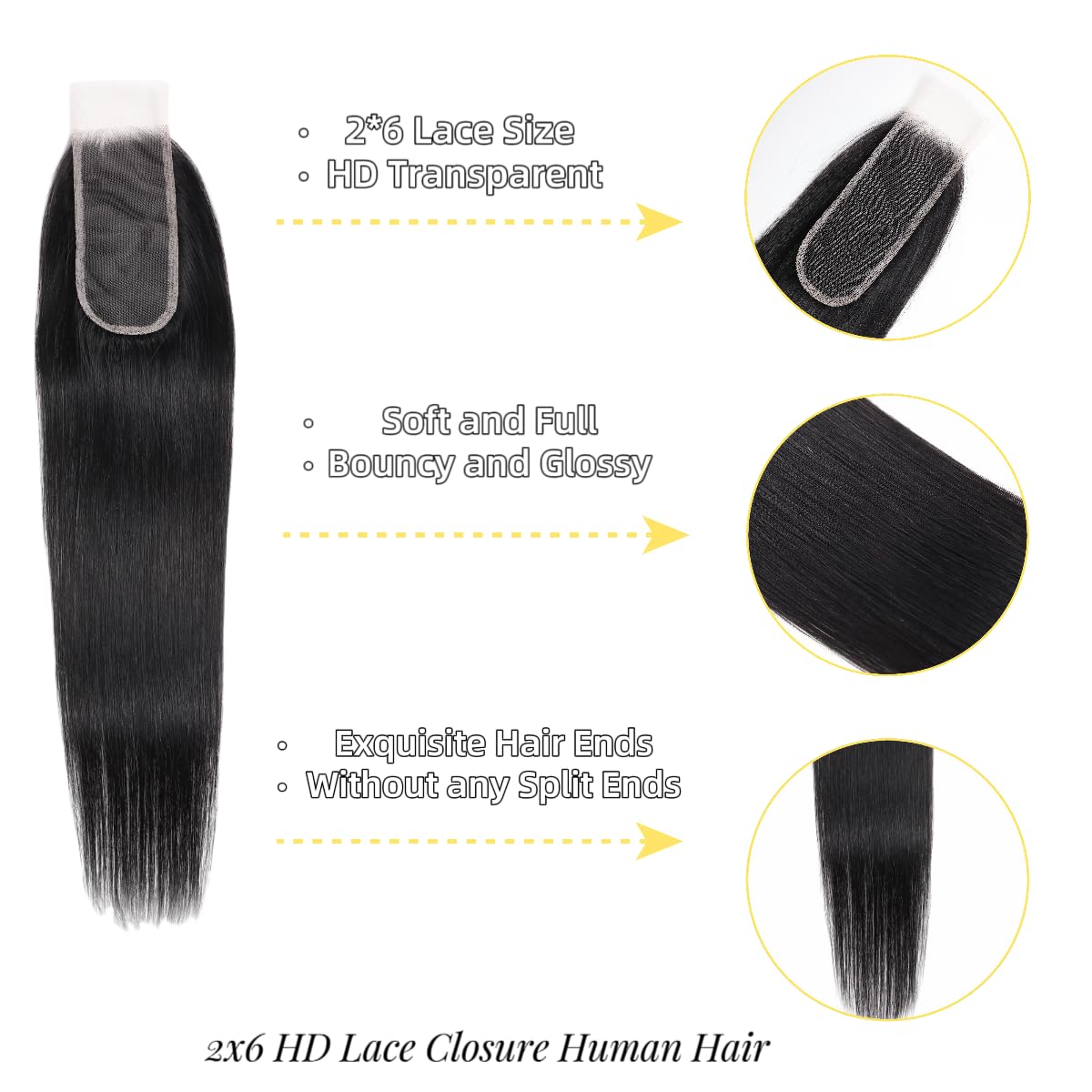 2x6 HD Lace Closure Straight Human Hair 18 Inch 2 by 6 HD Lace Closure 100% Brazilian Virgin Unprocessed Middle Part Human Hair Kim K Closure With Baby Hair Natural Color