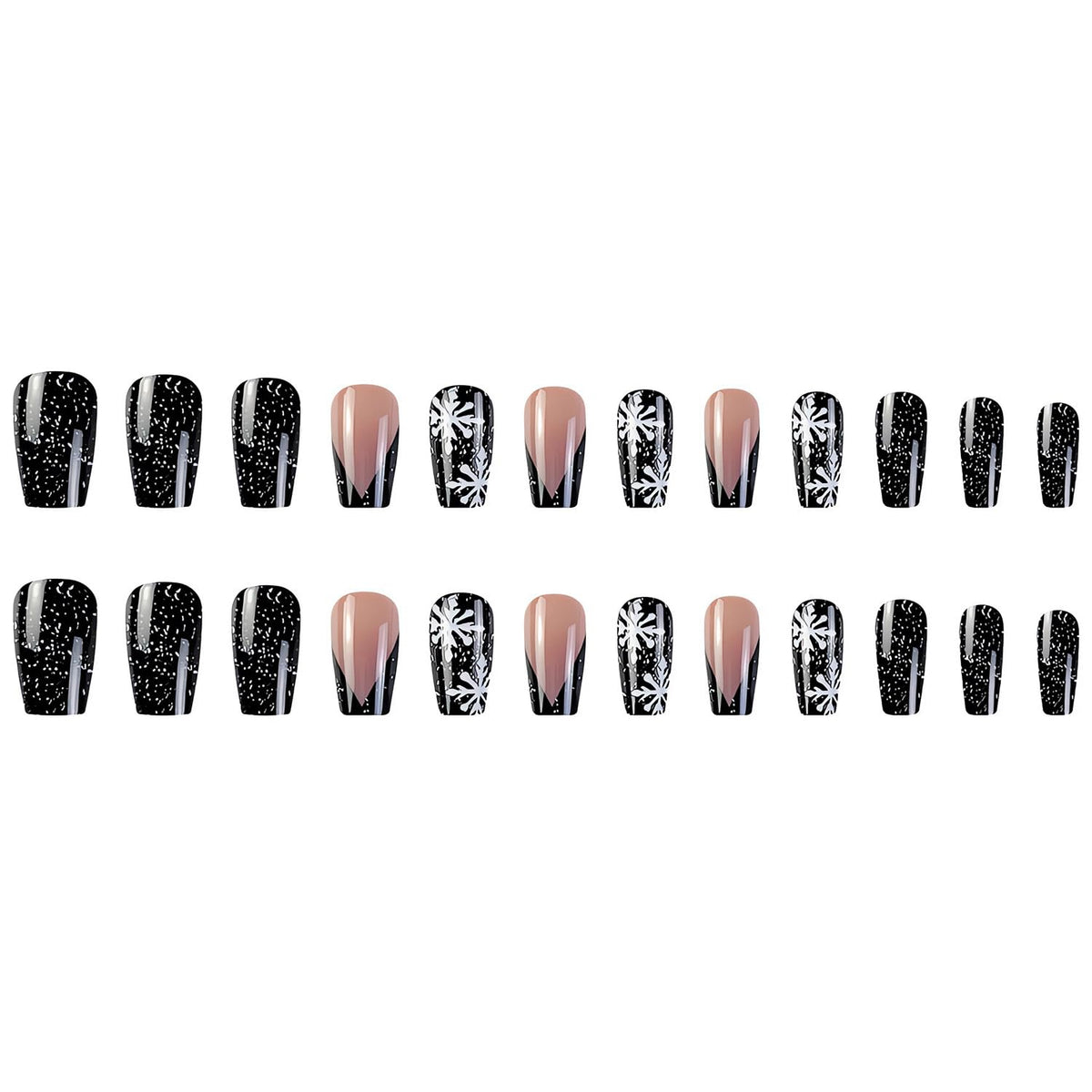 Black Christmas Press on Nails Winter Snowflake Fake Nails Medium Coffin Acrylic Glue on Nails with White Snowflake Glitters Designs Christmas Manicure False Nails for Women Nail Art Decoration 24Pcs
