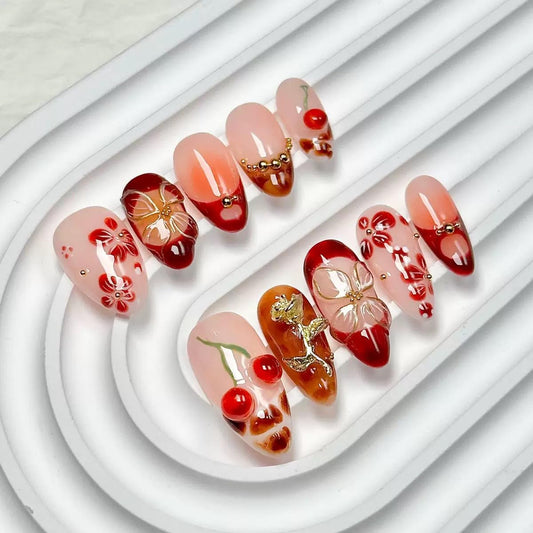 Almond Press on Nails Medium - Handmade Fake Nails with 3D Gold Flower Design - Winter Cherry Full Cover Glue on False Nails for Women - (Size S)