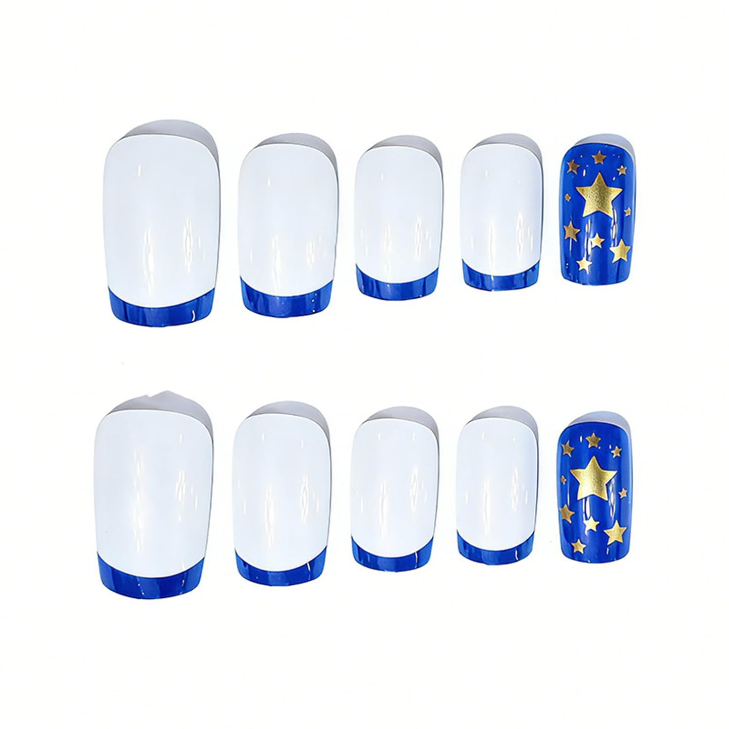 4th of July Press on Nails French Tip Medium Square Independence Day Fake Nails Gold Star Patriotic False Nails Reusable Artificial Nail Full Cover Glossy Stick on Nail for Women Manicure 24Pcs