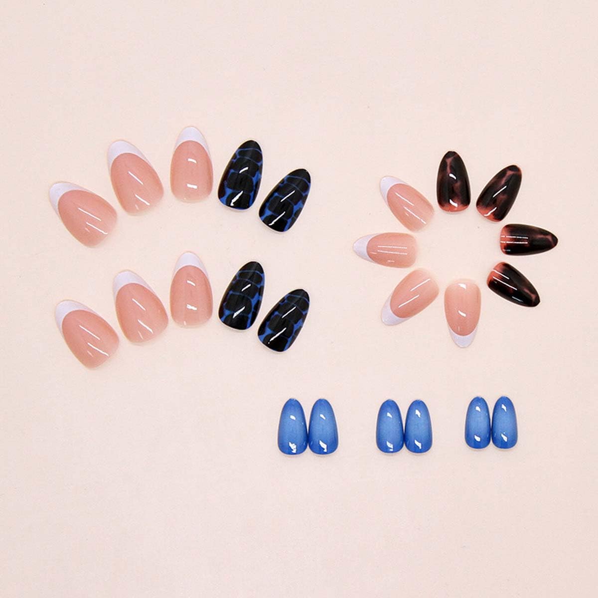 LINMEIZAI 24 Pcs Spring Press on Nails Short Almond Blue French Fake Nails Press ons Nail Tips Glue on Nails Acrylic Nail Kit with Tortoiseshell Design False Nails Stickers Nail Art for Women