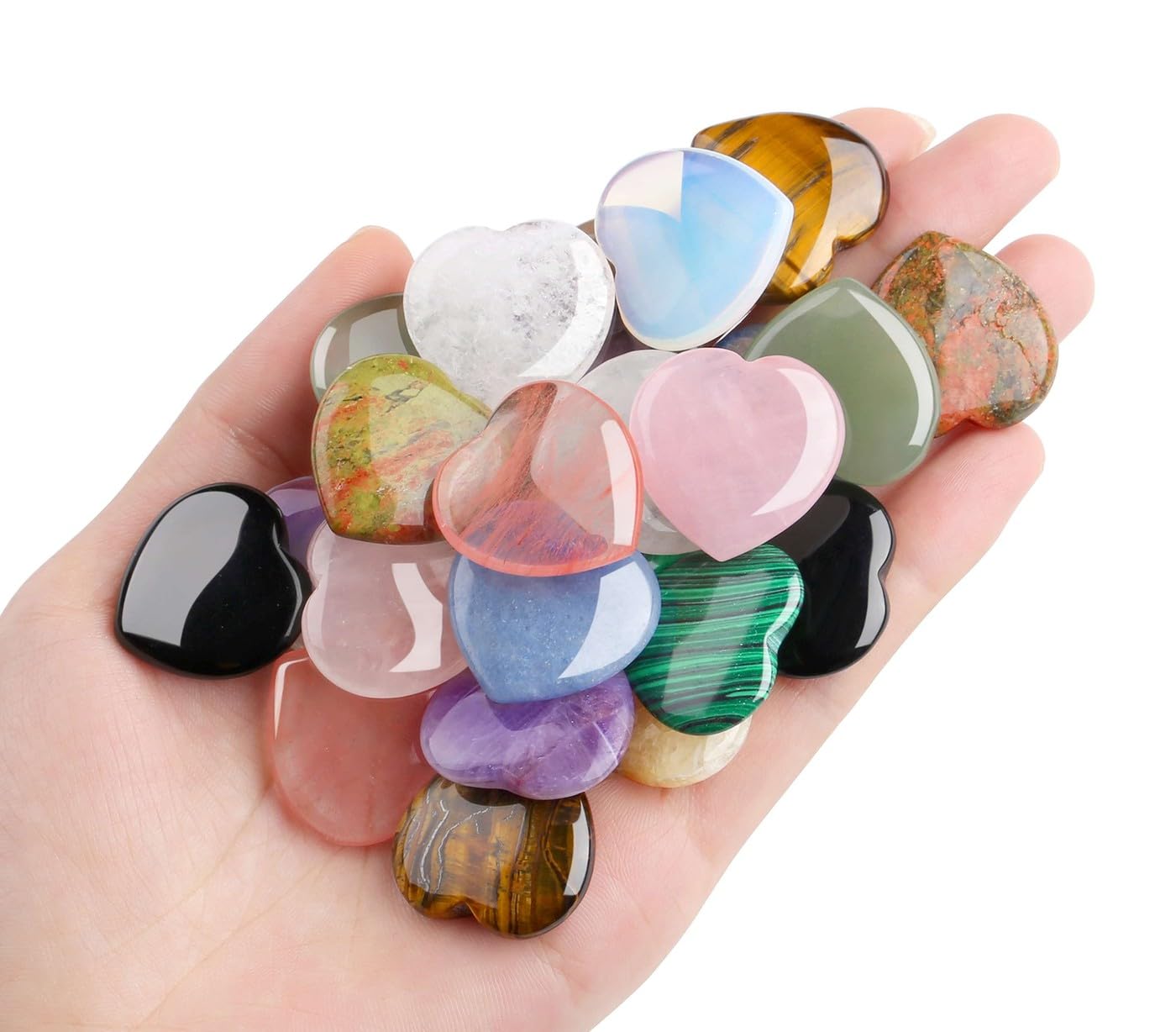 LAIDANLA 12 PCS Heart Crystals Healing Stones 1 inch Hearts Natural Gemstones Polished Bulk Heart Shaped Crystal Stone Set Rose Quartz Amethyst Reiki Meditation Gifts