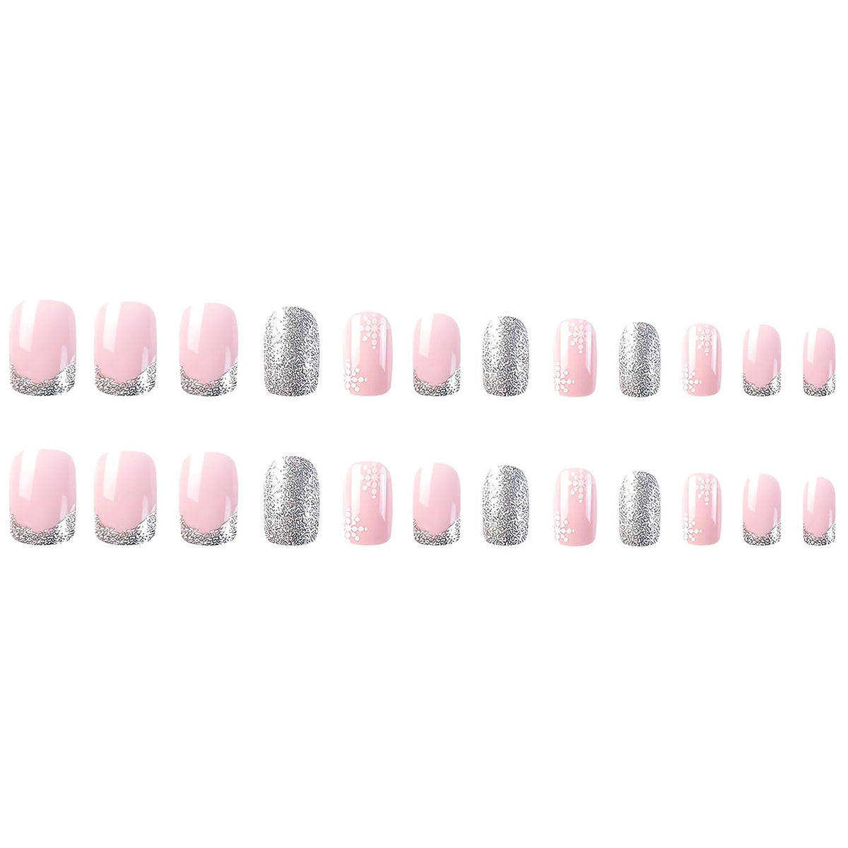 Christmas Snowflake Press on Nails French Tip Fake Nails Glossy Silver False Nails Tips with White Snowflake Designs Acrylic Nails Press ons Winter Glue on Nails Short Square Stick on Nails for Women