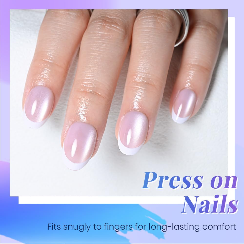 evpct Nude Pink Cat Eye French Tip Press on Nails Short Oval No Glue, White French Tip Short Oval Holographic Stick on Nails for Women, Reusable Full Cover Soft Press on Nail Perfectly with Design