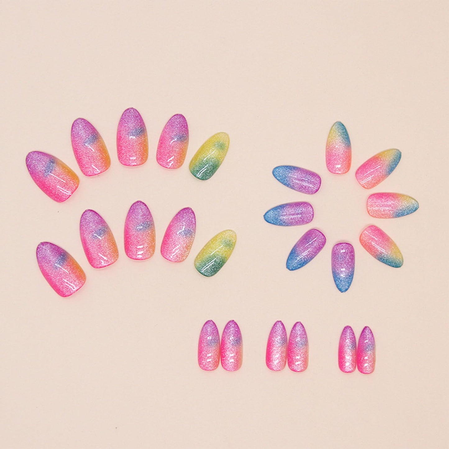 IMRAIN Rainbow Press on Nails Medium Almond Fake Nails Color Ombre Glossy Gel False Nails Full Cover Glitter Summer Stick on Acrylic Nails for Women Girls 24Pcs