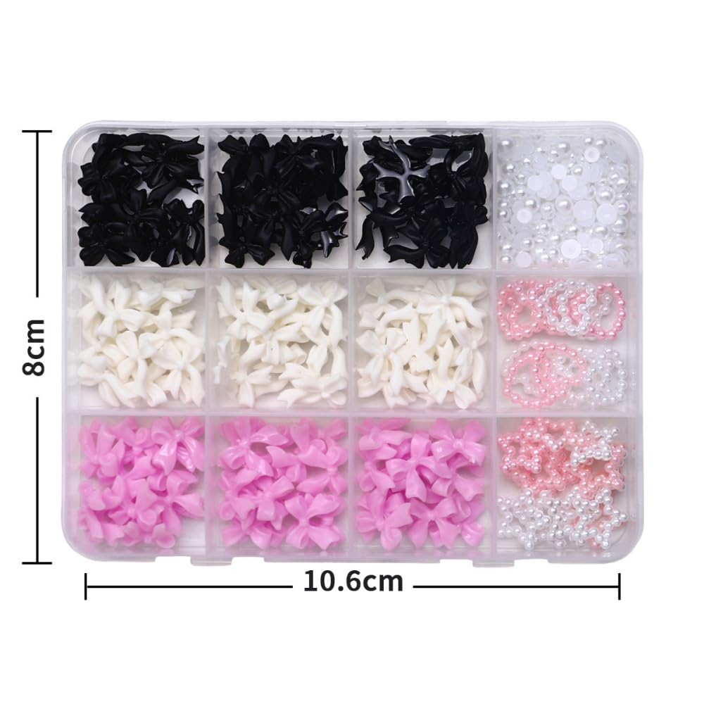 Bow Nail Charms 3D Resin Pink White Black Nail Gems Cute Silver Pearl Beads Nail Jewels Shiny Star Hearts Bowknot Nail Art Supplies for Women DIY Acrylic Nail with Tweezers 12 Grids 1 Box 12 Styles