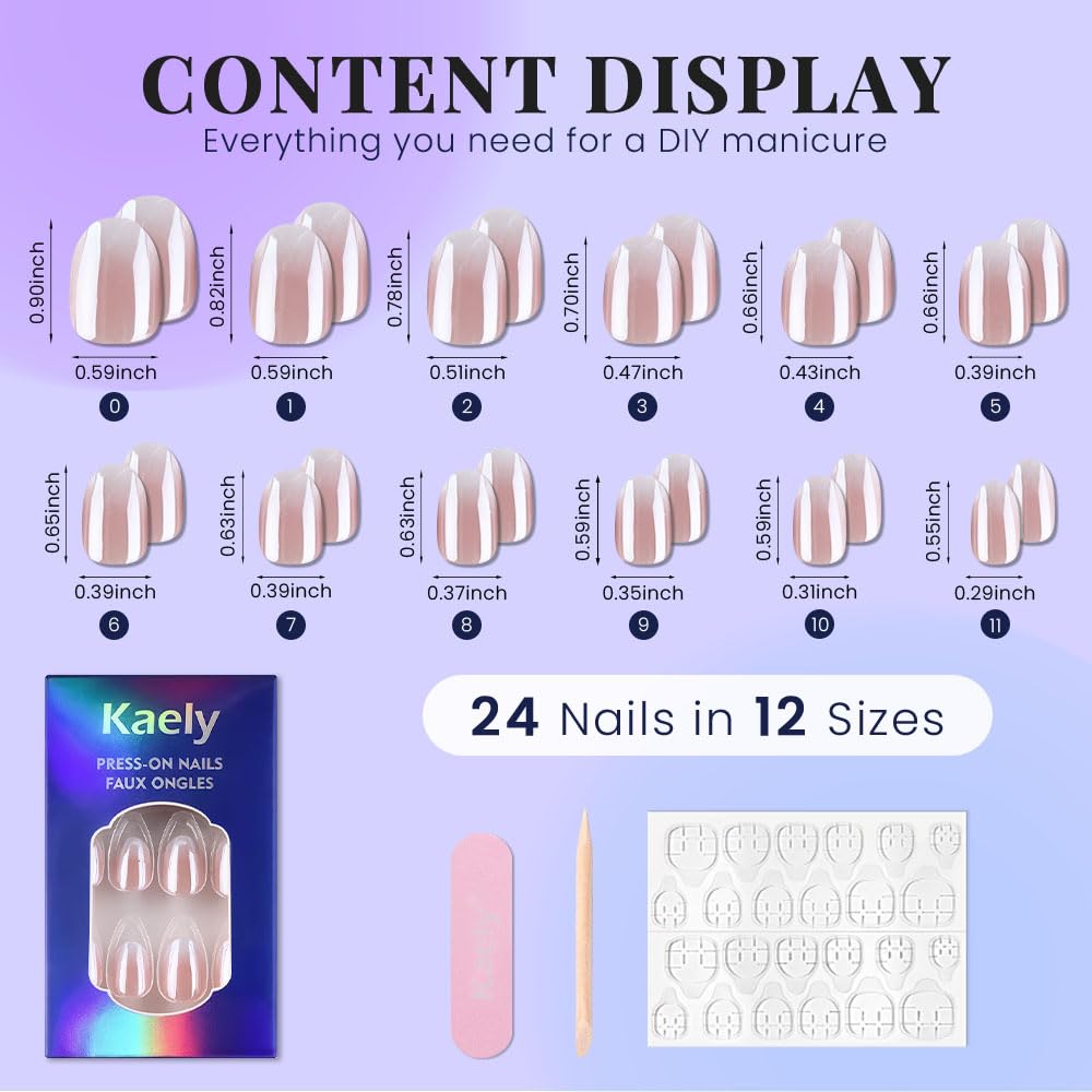 evpct Nude White Ombre Glazed Press On Nails Short Oval No Glue, Glazed Glossy Aurora Stick on Nail for Women, Reusable Full Cover Soft Press on Fake Nail Perfectly Fit with Ombre Design Salon-quality