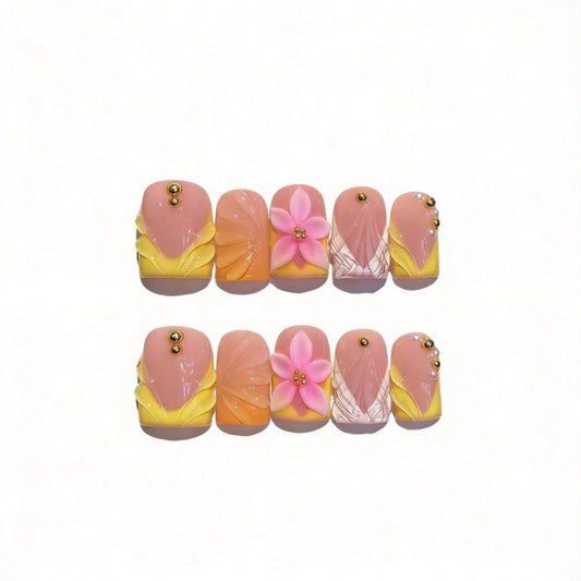Vokupoga Handmade Press on Nails Short Square Fake Nails French Tip False Nails with 3D Flower Designs Pink Acrylic Nails for Women 10Pcs(Size M)