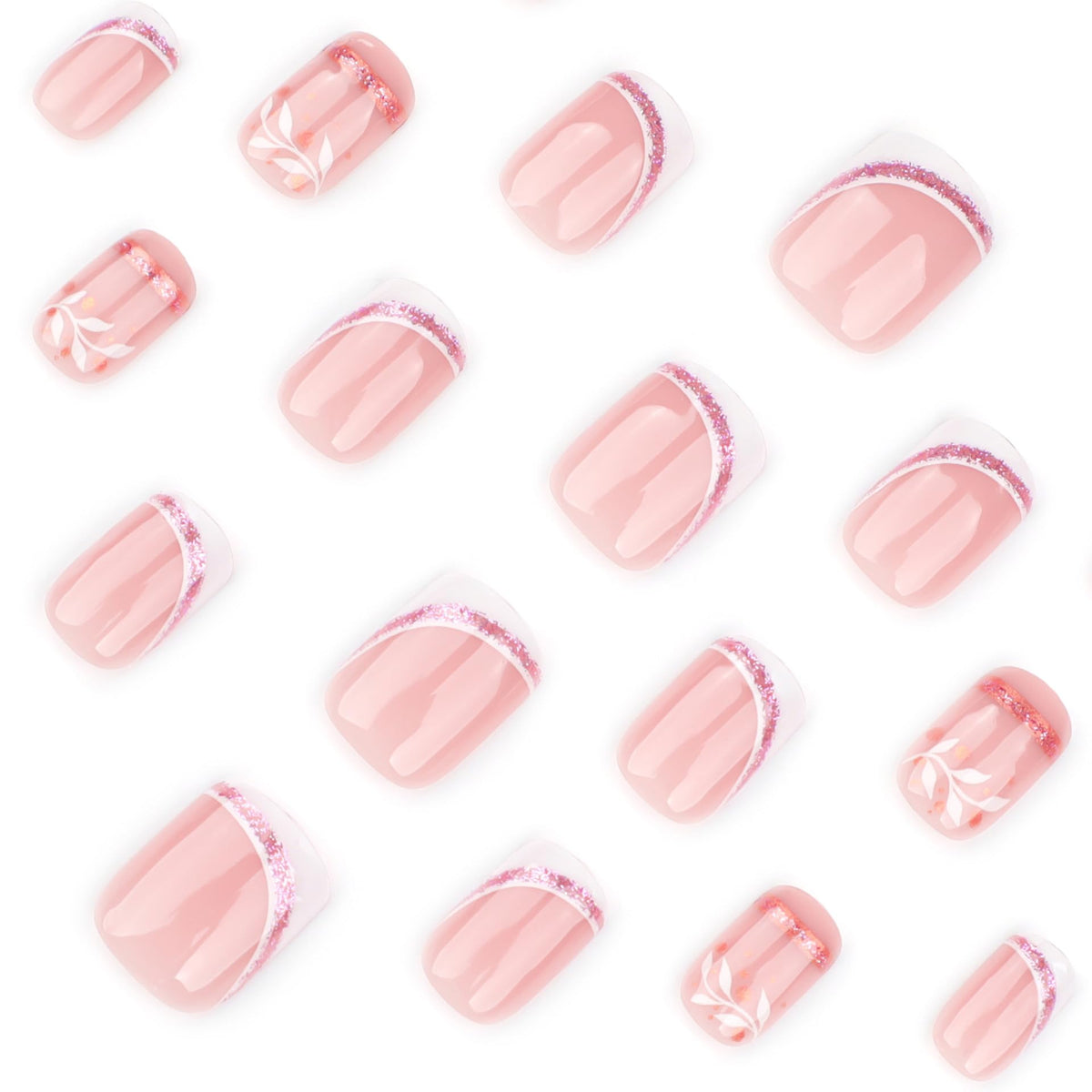 IMSOHOT Press on Nails Short Square Fake Nails with Pink Glitter Designs White French Tips False Nails Full Cover Leaf Glue on Nails Glossy Acrylic Nail Supplies