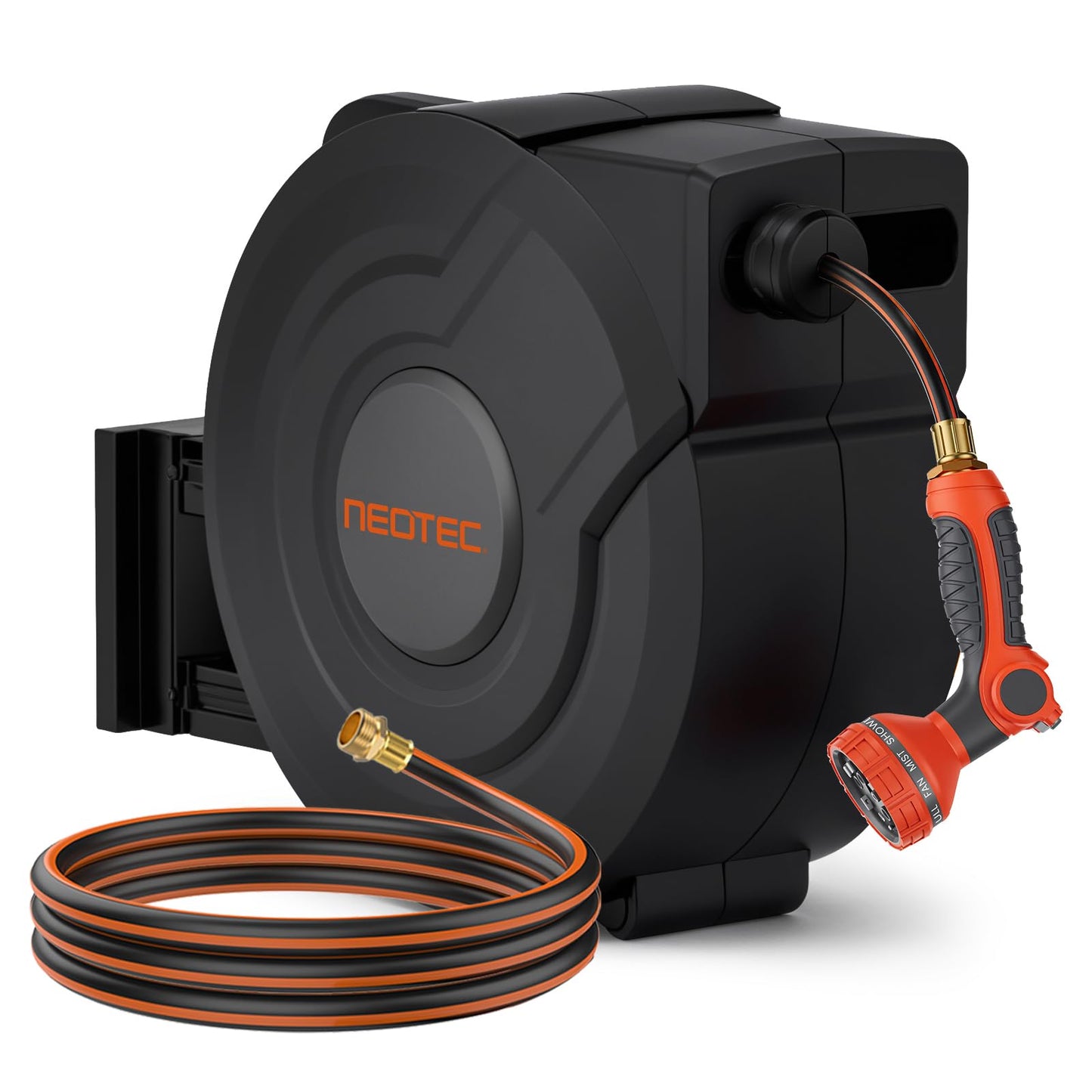 NEOTEC Retractable Garden Hose Reel 1/2 inch x 150ft - Wall Mounted Heavy Duty Hose Reel with 3/4 Inch Brass Fittings & 9-Pattern Nozzle - Auto Rewind System, Any Length Lock, 180° Swivel Bracket