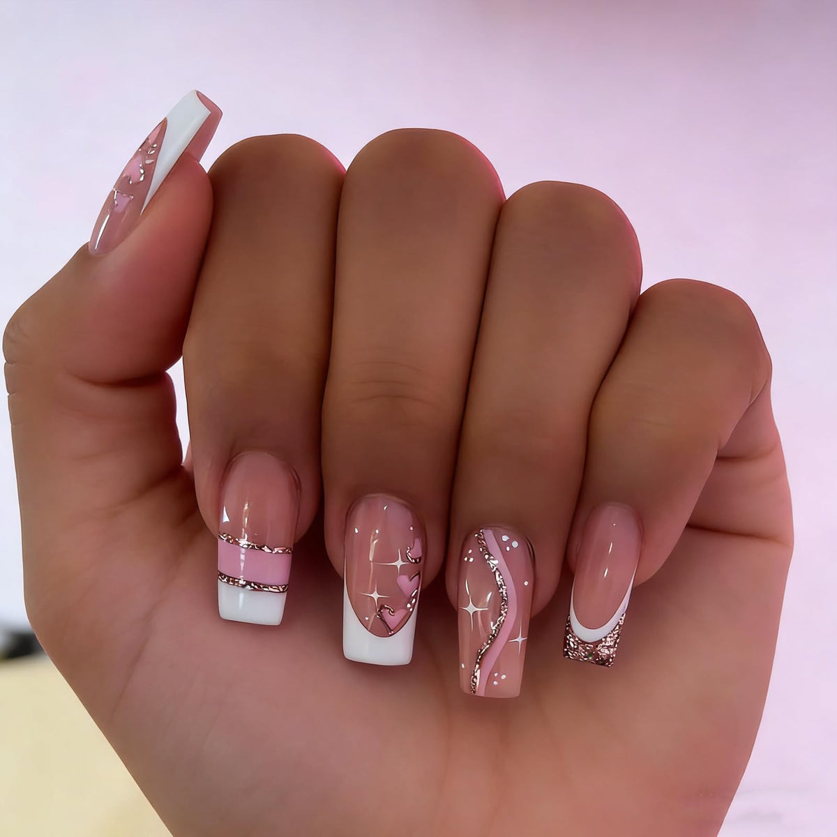 IMSOHOT Press on Nails Long Coffin Fake Nails French Acrylic Glue on Nails Glossy Full Cover Glitter Pink Heart False Nails for Women Girls 24Pcs