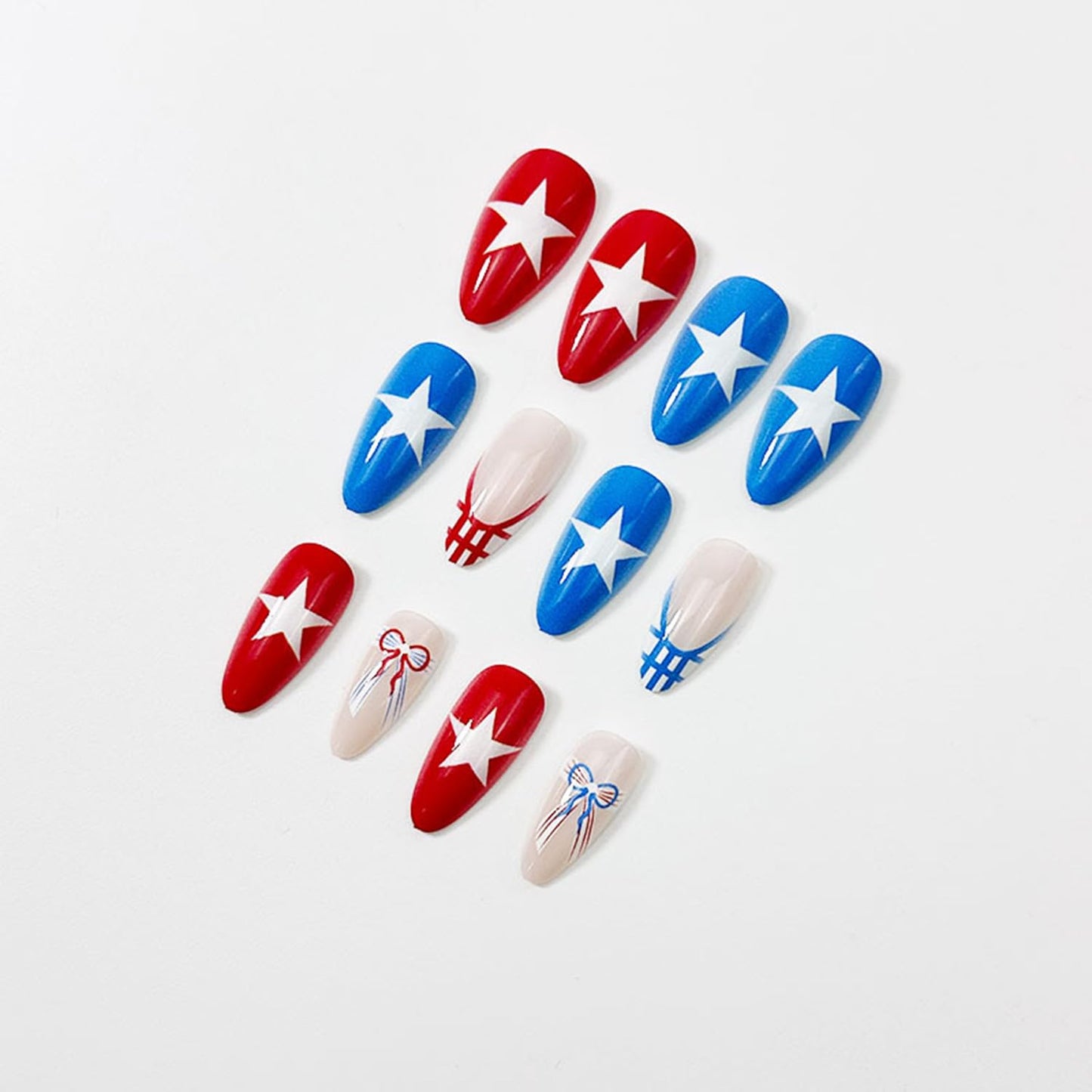 LWTZLW Red Blue Stars Press on Nails French Tip Short Almond False Nails with Bow Grids Design Full Cover Glue on Nail Summer Reusable Acrylic Fake Nails Glossy Artificial Stick on Nail for Women
