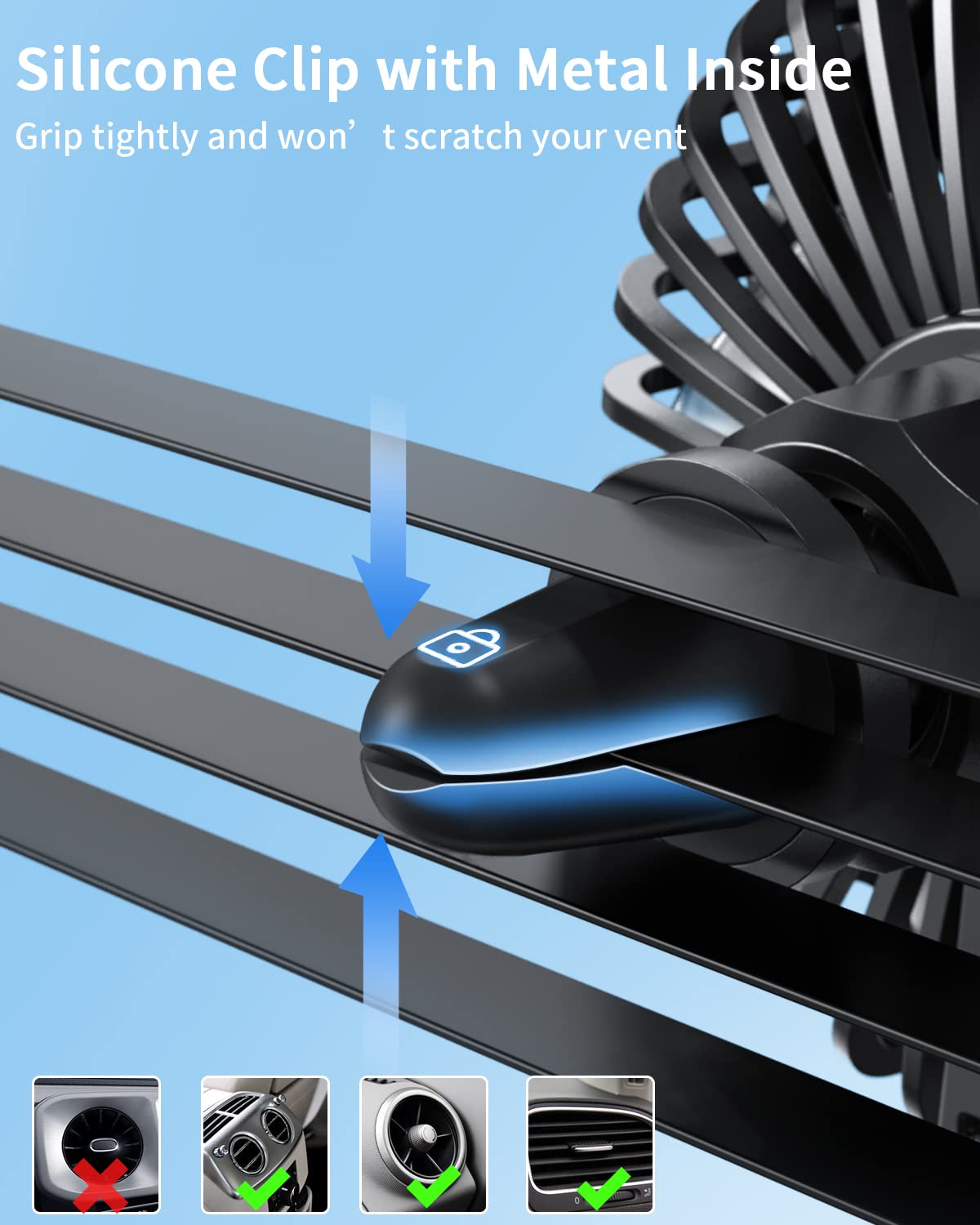 TriPole Car Fan USB Powered - Powerful 3 Speed, Portable Cooling Clip Fan for Car Vent, Quiet Brushless Motor, 360 Degree Rotatable, Air Circulation for Vehicle, Van, Truck, SUV, RV