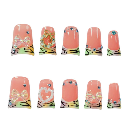 Tesytto Handmade Press On Nails Pastel Rainbow French Tip Short Duck with Iridescent Bow Pearl Heart and Rhinestone, Reusable Cute Summer Stick On Fake Nails for Women Girls, 10 Pcs(Coral Tiger Bow,S)