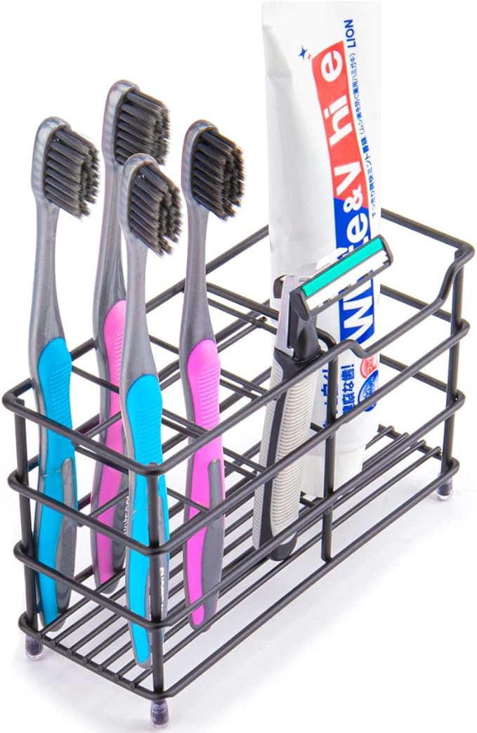 Stainless Steel Toothbrush and Toothpaste Holder for Bathroom Ã¢ÂÂ 7-Slot Black Organizer, Space-Saving Hygienic Storage with Modern Design for Countertop